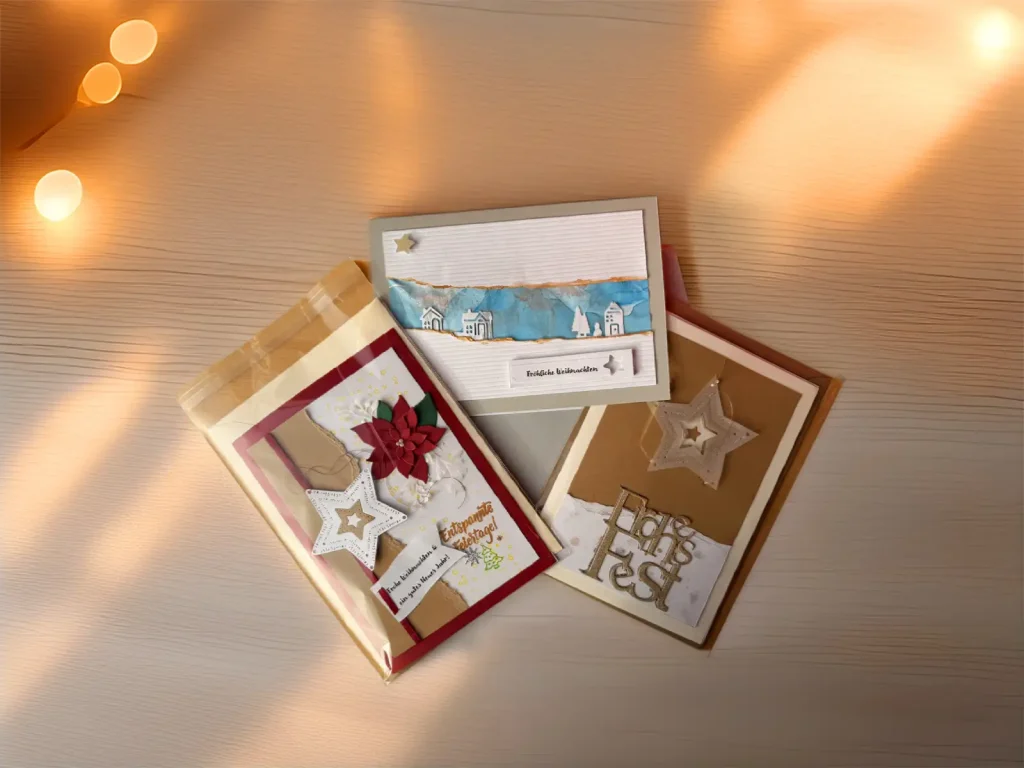 Handgemachte Weihnachtskarten auf hellem Holztisch im warmen Atelierlicht, sanftes Bokeh im Hintergrund – Stiftung 50plus