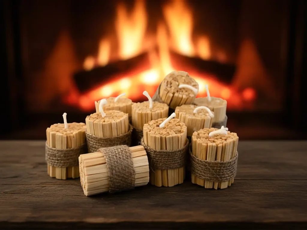 Nahaufnahme handgemachter Anzündhilfen aus gespaltenen Holzresten vor unscharfem Kaminfeuer – warmes Wintermotiv der Stiftung 50plus.