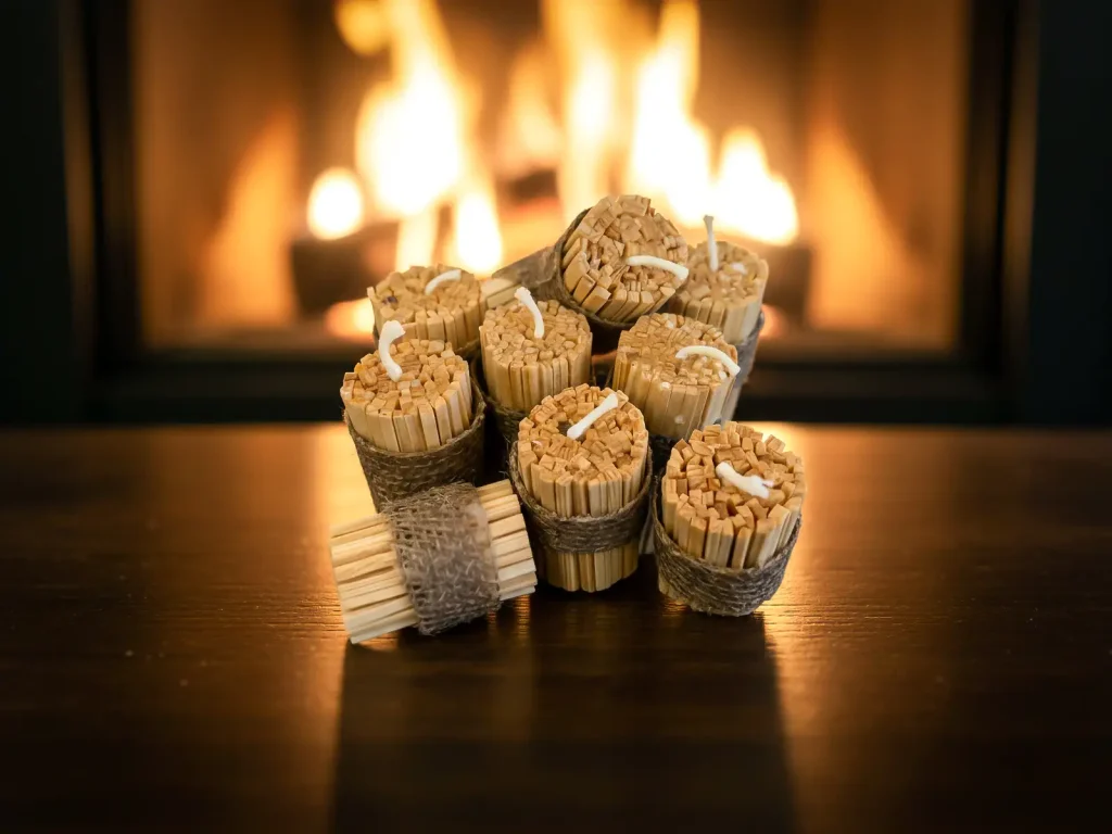 Handgemachte Anzündhilfen aus gespaltenen Holzresten vor unscharfem Kaminfeuer – warmes, natürliches Featurefoto der Stiftung 50plus.