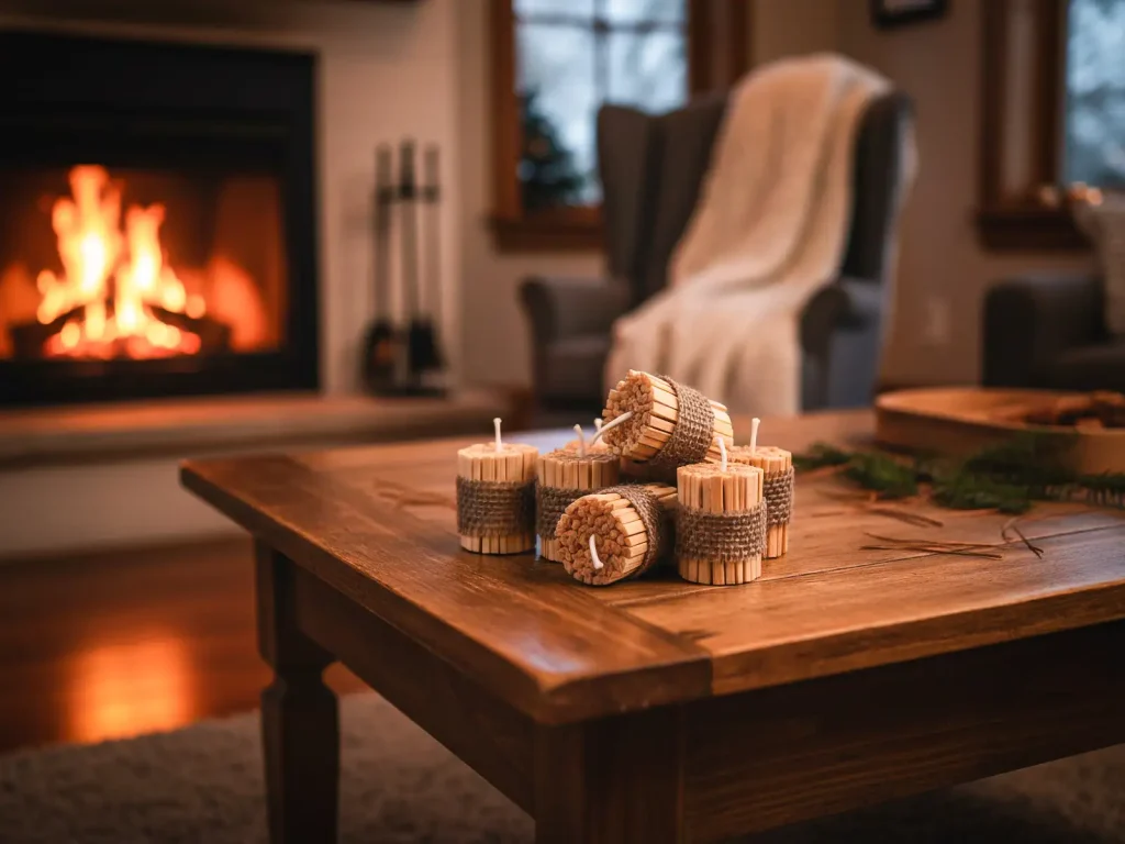 Handgemachte Anzündhilfen aus gespaltenen Holzresten auf Wohnzimmertisch, mit warmem Kaminfeuer im Hintergrund – Stiftung 50plus.