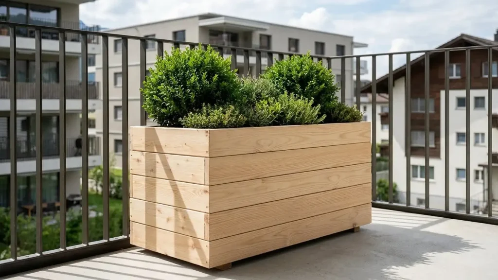 Holz-Blumenkasten mit grünen Pflanzen auf einem Balkon, handgefertigt und nach Mass erhältlich. Stiftung 50 Plus.
