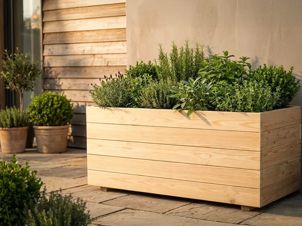 Holz-Blumenkasten im warmen Abendlicht vor einer Hauswand, bepflanzt mit Kräutern und Sträuchern. Handarbeit der Stiftung 50 Plus.
