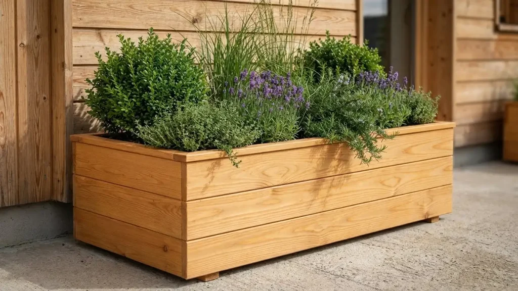 Grosser Blumenkasten aus Lärchenholz mit Kräutern und Sträuchern vor einer Holzwand. Handarbeit nach Mass. Stiftung 50 Plus.