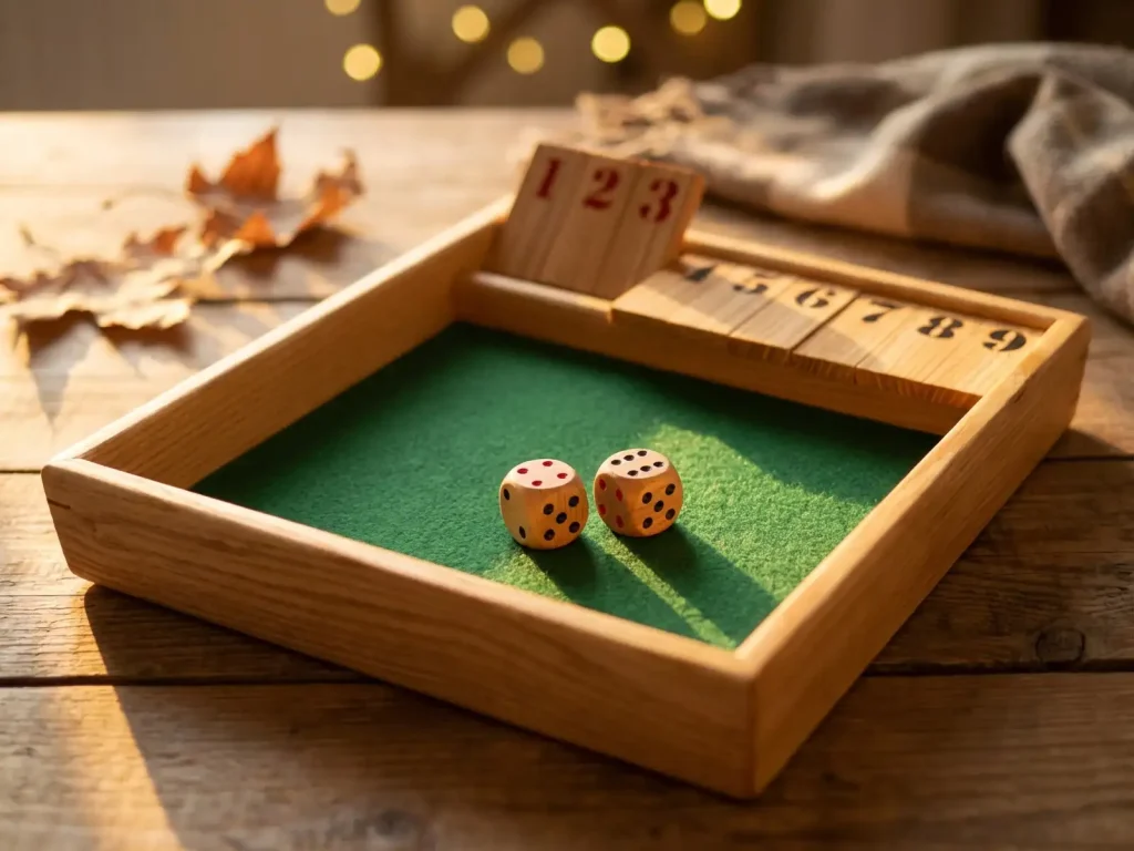 Shut-the-Box Spiel aus Holz auf einem warm beleuchteten Holztisch, mit Würfeln und herbstlicher Abendstimmung – Werkstatt der Stiftung 50plus.