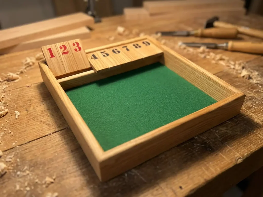 Shut-the-Box Spiel aus Holz auf einer Werkbank, mit warmem Werkstattlicht und feinen Holzspänen – gefertigt in der Werkstatt der Stiftung 50plus.