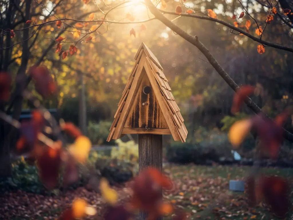 Holzvogelhaus im warmen Herbstlicht, umgeben von bunten Blättern und weicher Tiefenschärfe – aufgenommen im Garten der Stiftung 50plus.