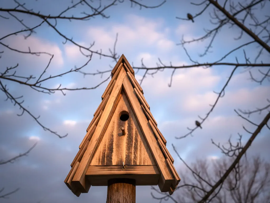 A-Frame-Vogelhaus aus Holz vor sanftem Abendhimmel, mit Ästen und unscharfen Vögeln im Hintergrund – Stiftung 50plus.
