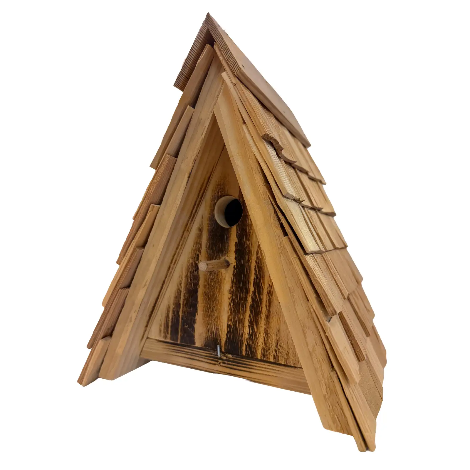 Handgemachtes A-Frame-Vogelhaus aus Holz, gefertigt in der Holzwerkstatt der Stiftung 50plus in Schaan.