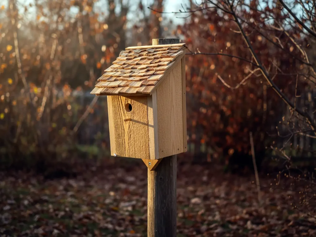 Rechteckiges Vogelhaus aus Holz im warmen herbstlichen Gegenlicht, aufgenommen im Garten – gefertigt in der Holzwerkstatt der Stiftung 50plus.