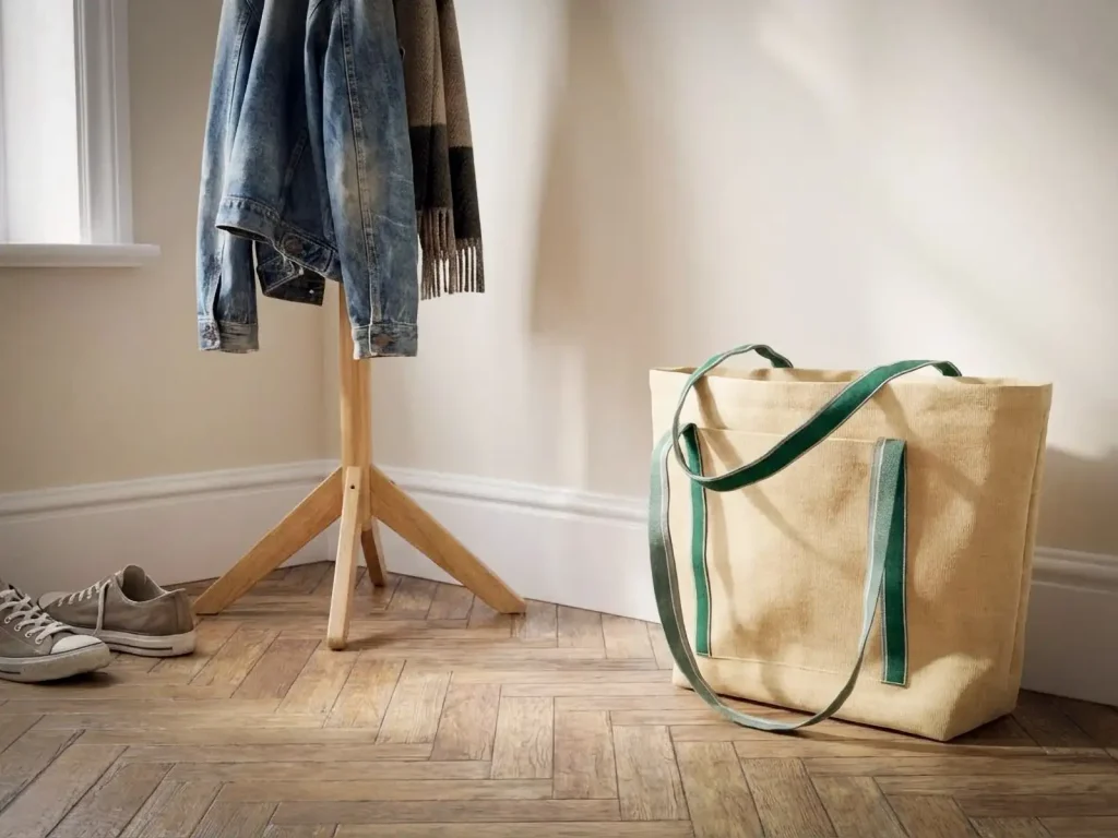 Beiger Shopper aus Markisenstoff in einer realistischen Garderobenszene mit Jacke und Schuhen auf Holzboden. Stiftung 50 Plus.