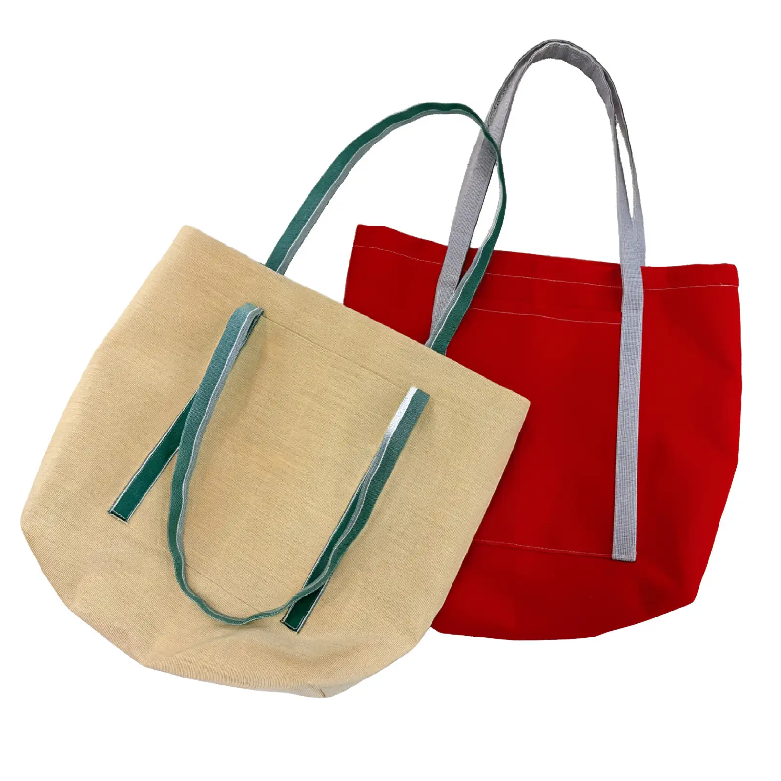 Beige und roter Shopper aus Markisenstoffen auf weissem Hintergrund, beide als Hauptmodelle im Überblick. Stiftung 50 Plus.