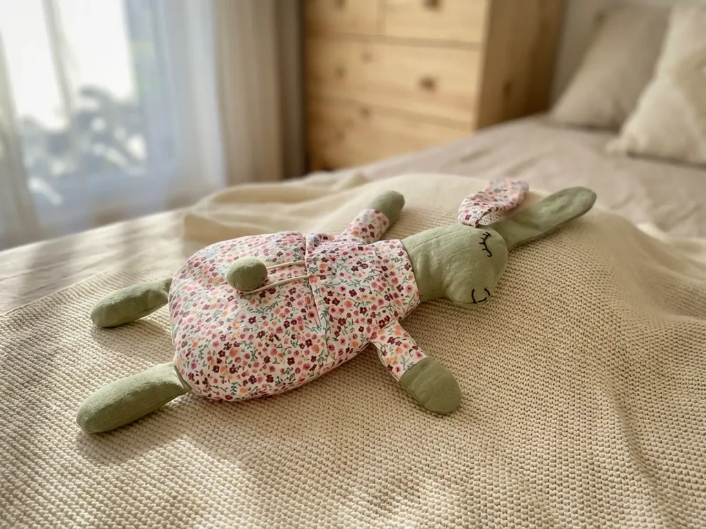 Naturkissen «Häschen» auf einer hellen Bettdecke in weichem Licht arrangiert, geeignet zum warmen oder kühlen Auflegen. Stiftung 50 Plus.