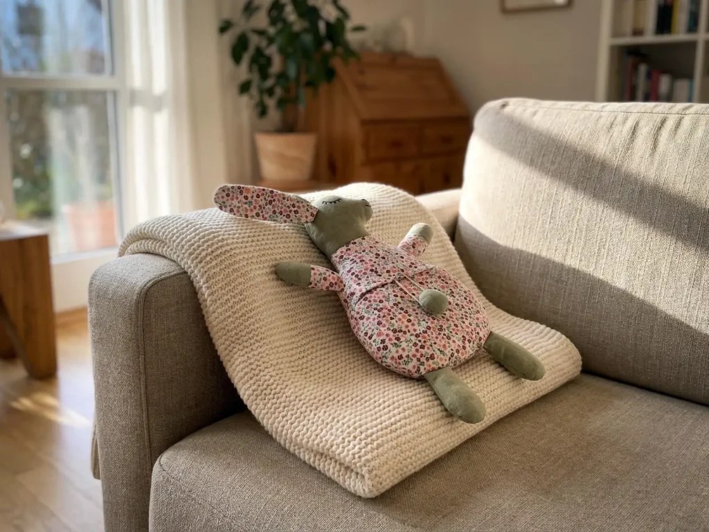 Naturkissen «Häschen» auf einer gefalteten Decke im Wohnzimmer, weich arrangiert bei warmem Licht. Stiftung 50 Plus.