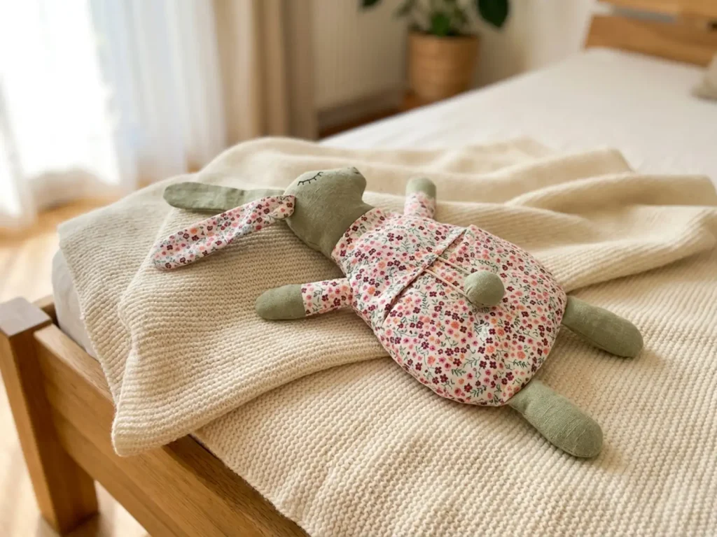 Naturkissen «Häschen» auf einer hellen Strickdecke im Schlafzimmer, weich arrangiert bei Tageslicht. Stiftung 50 Plus.