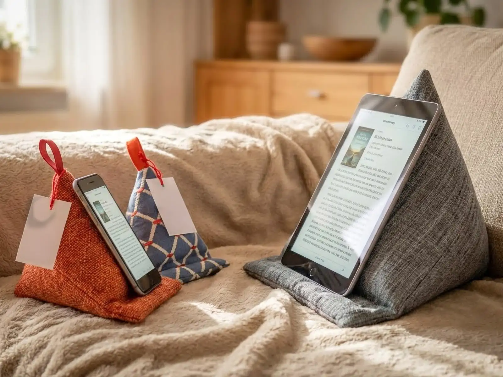 Tablet- und Handy-Kissen in verschiedenen Stoffdesigns, mit Geräten darauf, arrangiert auf einer Sofadecke. Stiftung 50 Plus.